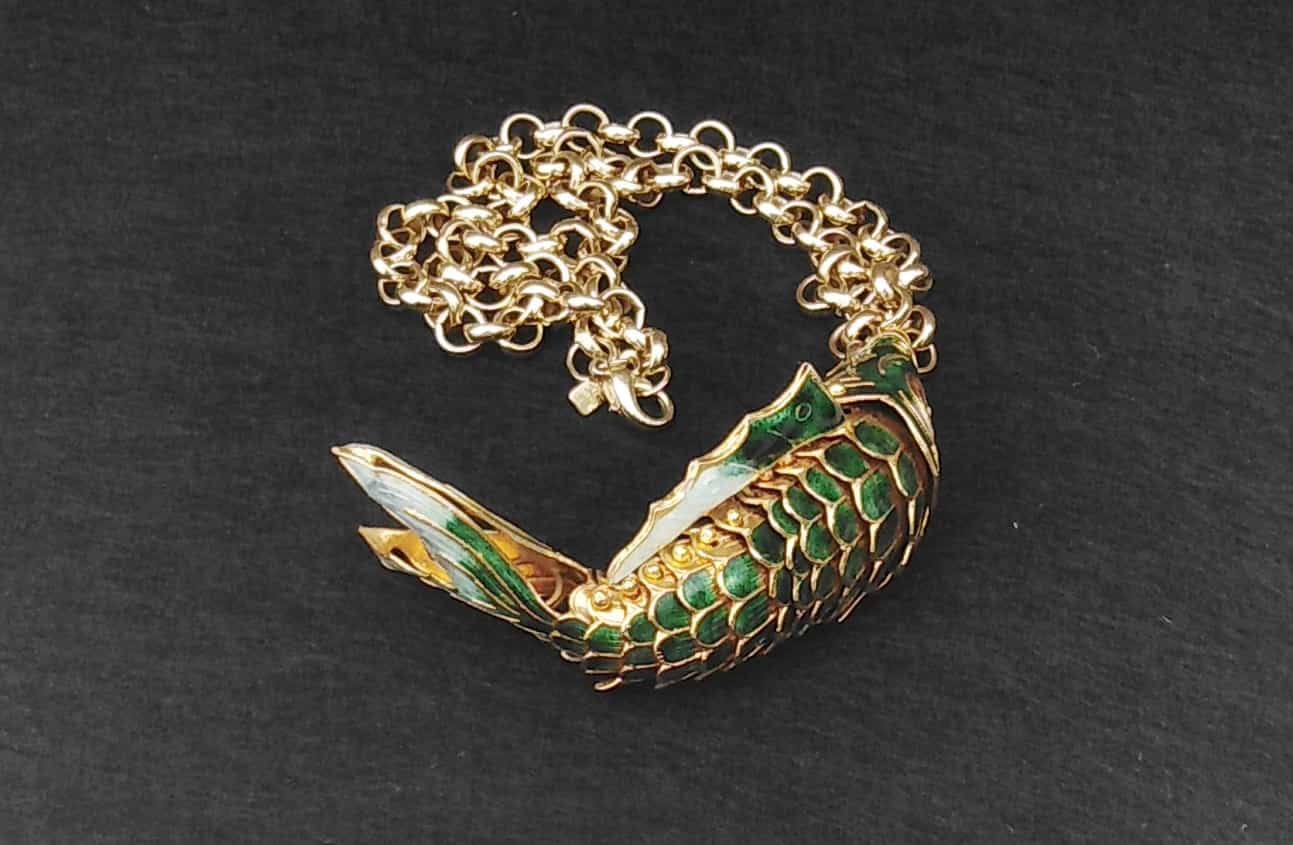 Oversized Vintage 1970s Articulated Cloisonné Fish Statement Necklace | Huge 4” Koi Pendant, 18” Heavy Gold Plated Chain